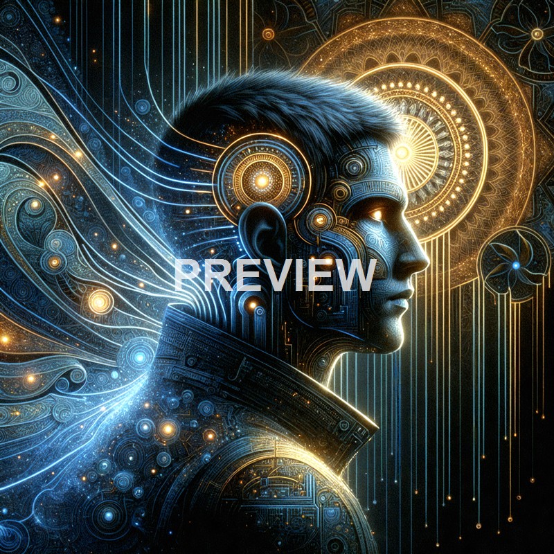 A highly detailed digital artwork of a human face integrating intricate technological and circuit-like designs, with glowing patterns and geometric shapes surrounding the head.